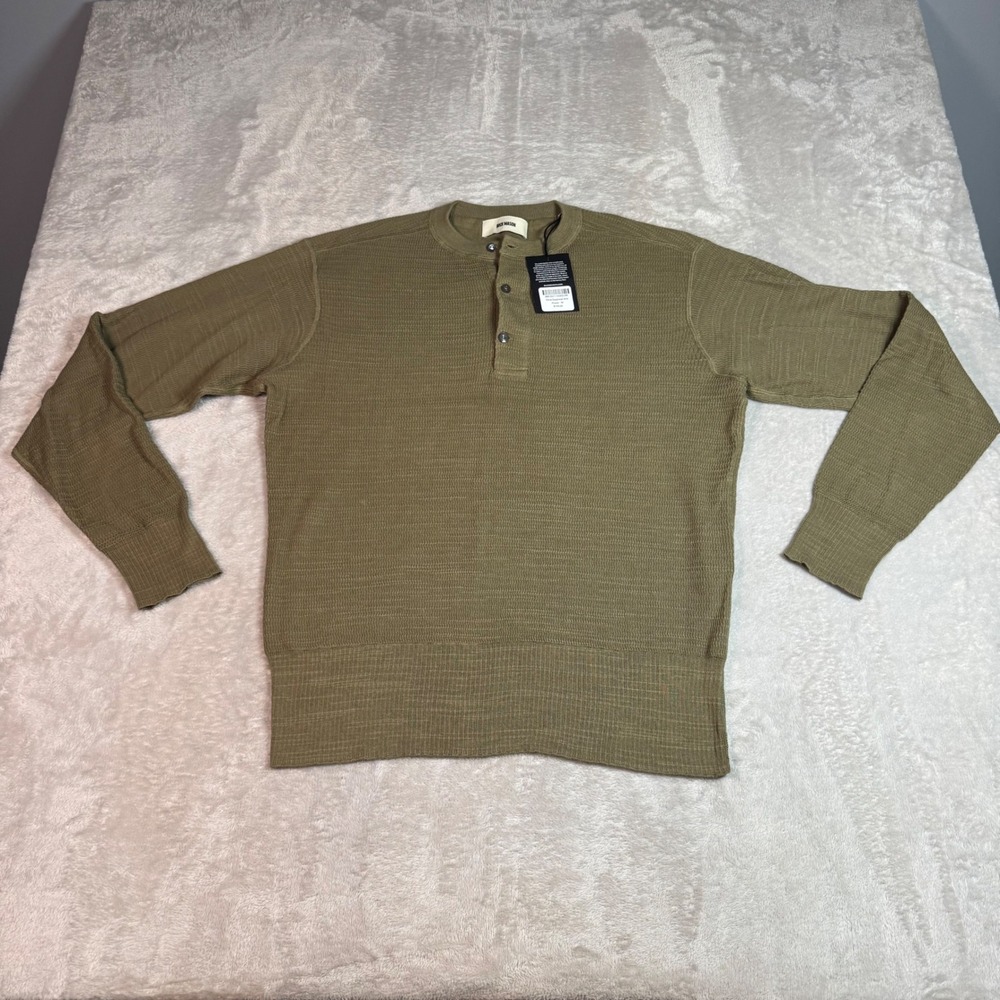 NWT Buck Mason Mens Olive Daybreak Knit Rower Henley Green Medium Long Sleeve